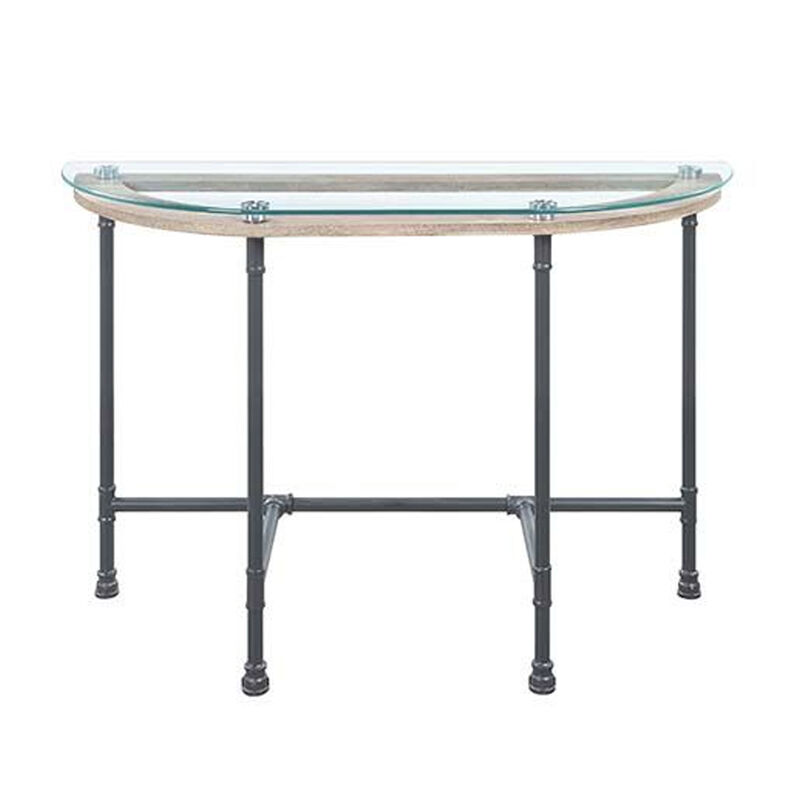 Wood Side Table, Oval Tempered Glass Top, Metal Pipe Style Legs, Clear Glass, Sandy Gray-Benzara