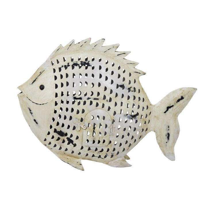 Painted Decorative Fish, Intricate Scale Details, White Metal, 26 Inch - Benzara