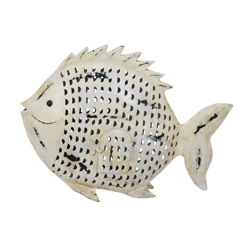 Painted Decorative Fish, Intricate Scale Details, White Metal, 26 Inch - Benzara