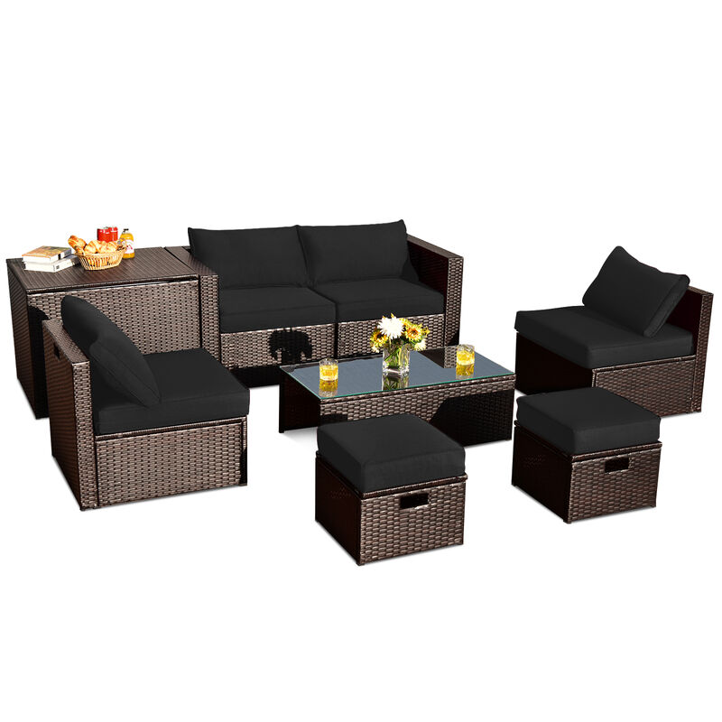 8 Pieces Patio Space-Saving Rattan Conversation Sets with Storage Box and Waterproof Cover