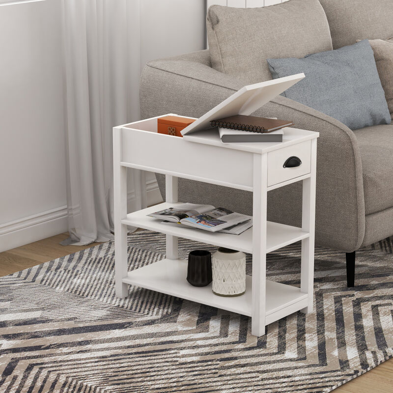 Narrow Sided Table With Drawers And Bottom Partition In Flip Over Design - White