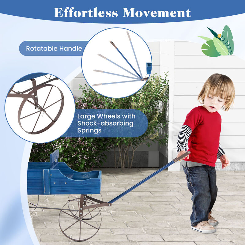 Wooden Wagon Plant Bed With Wheel for Garden Yard