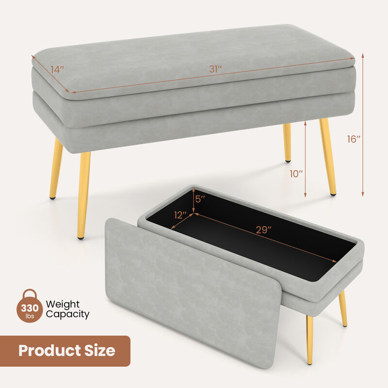 Velvet Upholstered Storage Bench with Removable Top