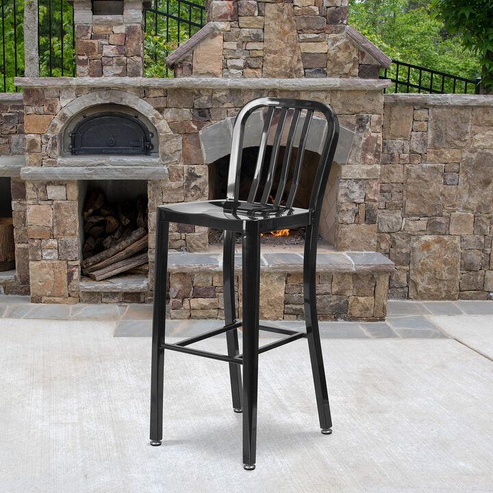 Flash Furniture Commercial Grade 30" High Black Metal Indoor-Outdoor Barstool with Vertical Slat Back