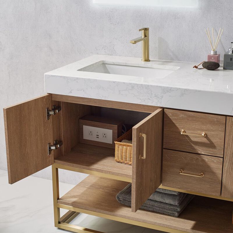 Vinnova Design 60 Double Vanity with White Grain Stone Countertop Without Mirror