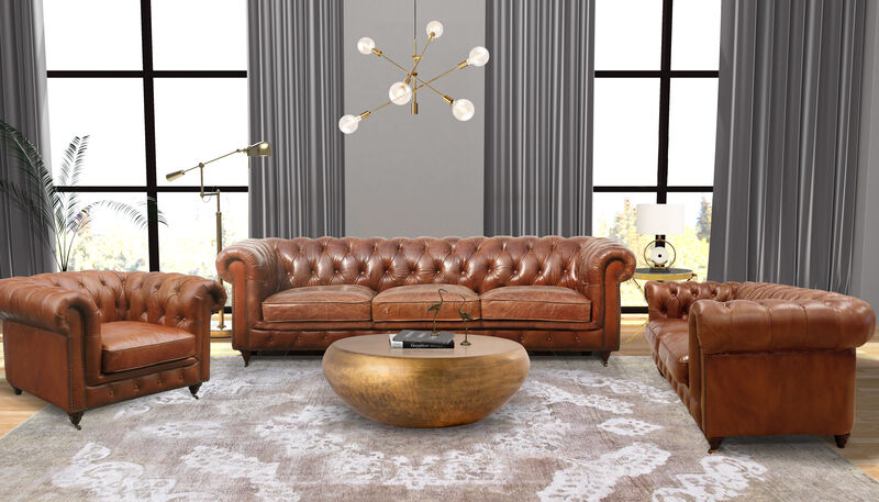 Pasargad Home Paris Club Chester Bay Genuine Leather Tufted Club Chair, Brown