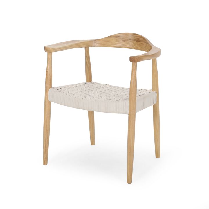 Accent Armchair, White Rope Woven Style Seat, Natural Brown Ash Wood - Benzara