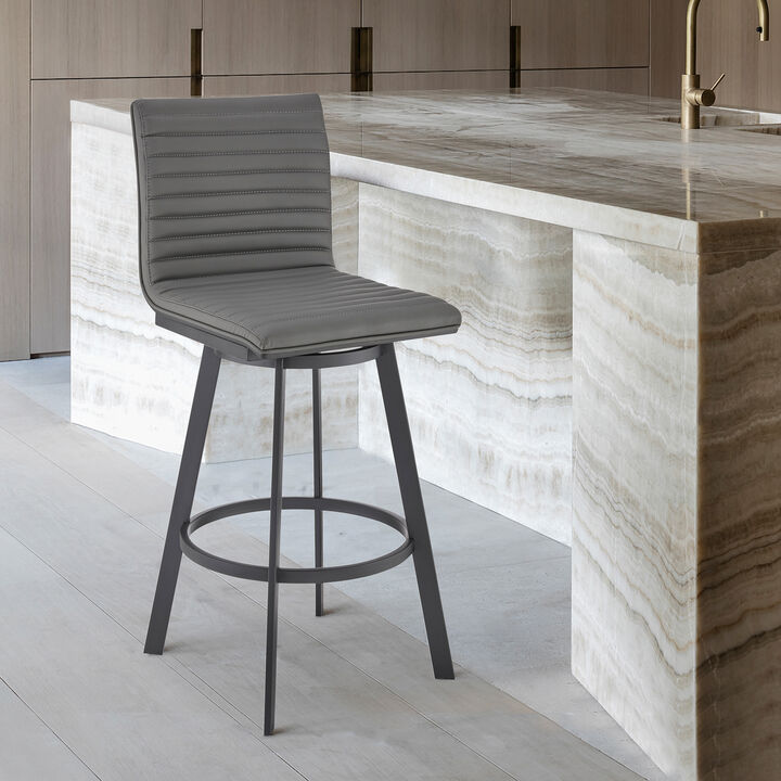 Nikole Bar Height Swivel Bar Stool in Matt Black Finish with Gray Faux Leather