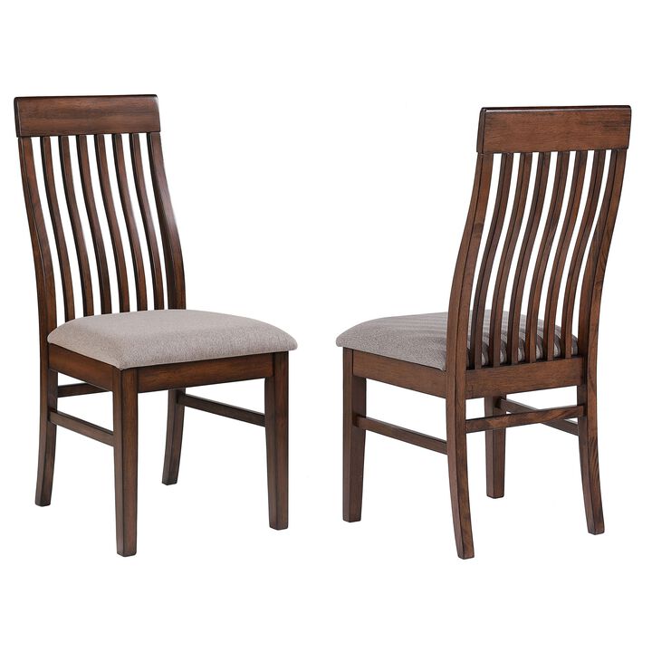 Brar Dining Chair Set of 2, Light Brown Fabric, Slat Back, Brown Hardwood - Benzara