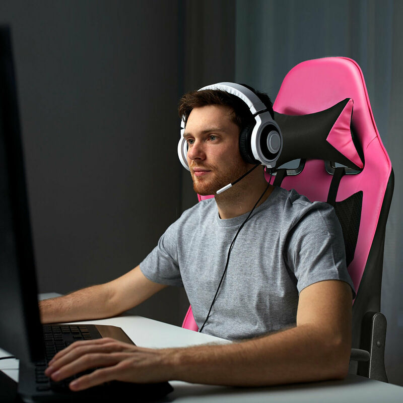 Costway Gaming Chair  Massage  Reclining  Racing Office Computer Chair with Footrest Pink