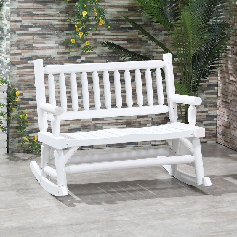 White Outdoor Rocker: 2-Person Wooden Loveseat with Curved Seats