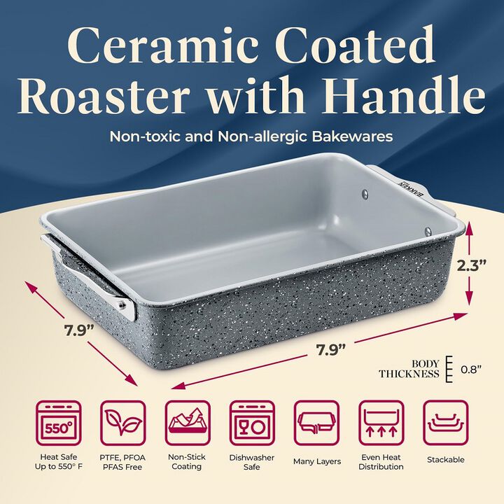 Enhance Your Cooking Experience with our Blue Roaster Pan - Aluminized Steel with Ceramic Non-Stick Coating, PFOA & PFAS Free. Non-Toxic, Heavy-Duty, Perfect Size for Various Bakings
