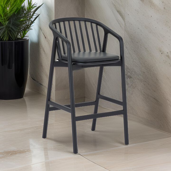 Rchy Counter Stool Chair, Curved Spindle Back, Black Faux Leather, Oak Wood - Benzara