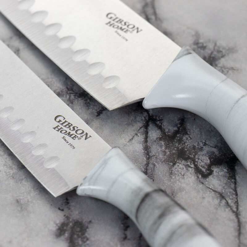 Gibson Home Beaumont 3 Piece Stainless Steel Santoku Knife Set with Cutting Board in White Marble