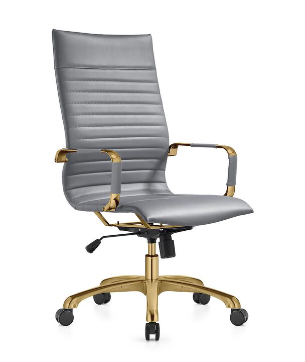 LeisureMod Harris High-Back Faux Leather Office Chair with Gold Frame – Modern Executive Desk Chair, Adjustable Swivel, Ergonomic Support for Home & Office