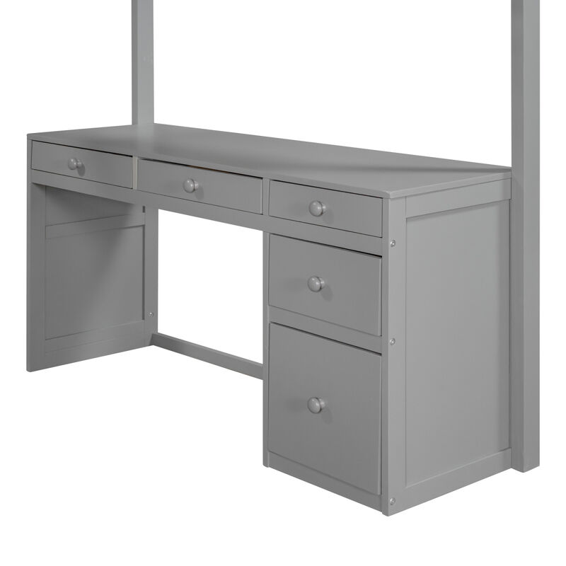Full Size Loft Bed With Ladder, Shelves, And Desk
