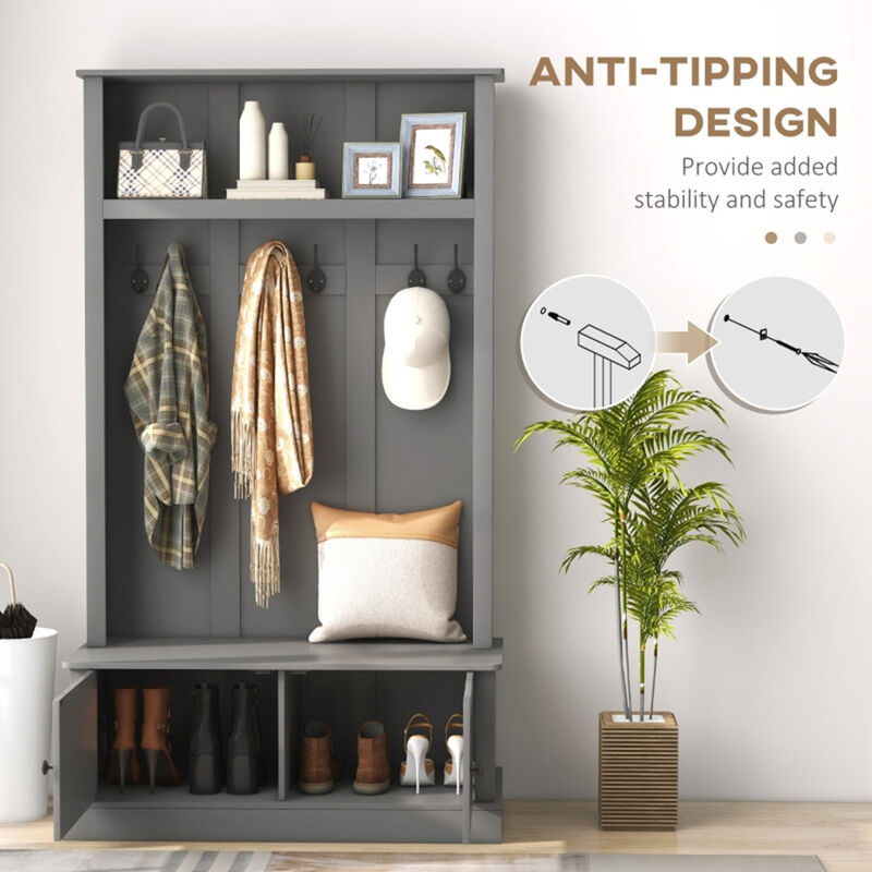 Hall Tree Entryway Bench with Coat Rack & Storage Cabinet For Multi-Functional Organizer