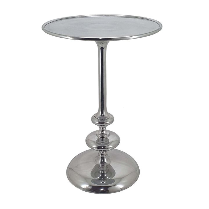 23 Inch Modern Aluminum Side Table, Round Tabletop and Base, Carved, Silver - Benzara