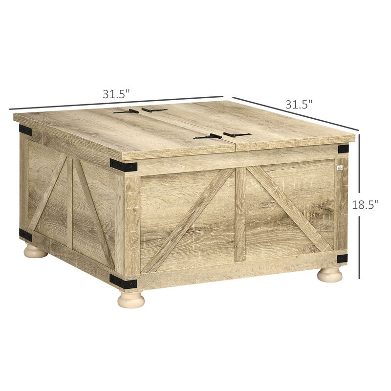 Oak Living Room Table: Farmhouse Square Coffee Table with Hidden Storage