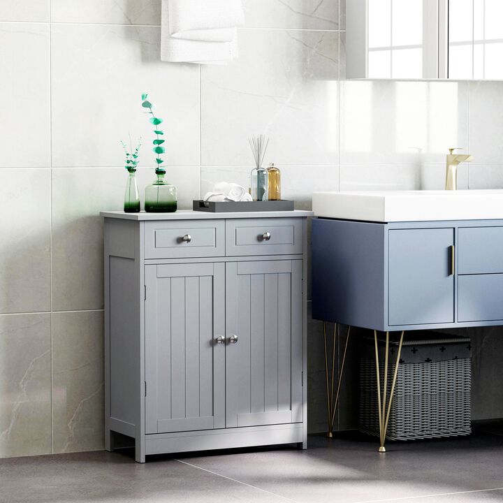 Grey Bathroom Cabinet: Small Freestanding Linen Storage with Metal Knob, Elevated Base, Drawers