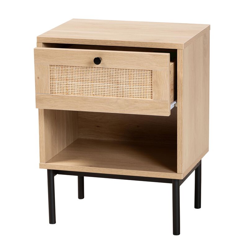 Baxton Studio Sherwin  Light Brown and Black 1 Drawer End Table with Woven Rattan Accent
