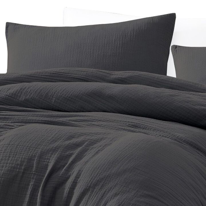 Uvi 3 Piece King Comforter Set, Cotton, Natural Crinkled Texture, Graphite - Benzara