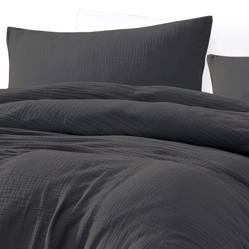 Uvi 3 Piece King Comforter Set, Cotton, Natural Crinkled Texture, Graphite - Benzara