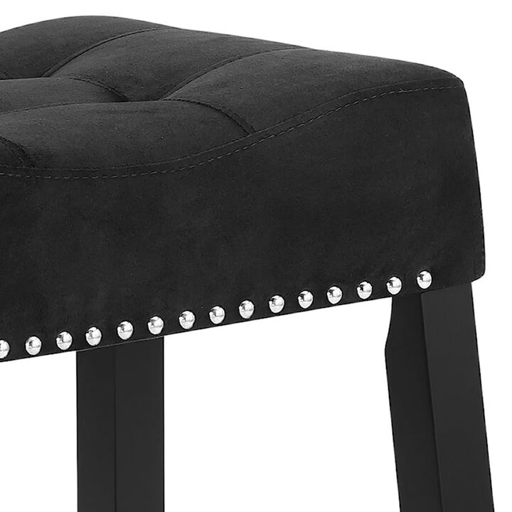 Jordan 26 Inch Counter Height Stool, Set of 2, Saddle Seat, Black Leather and Wood- Benzara