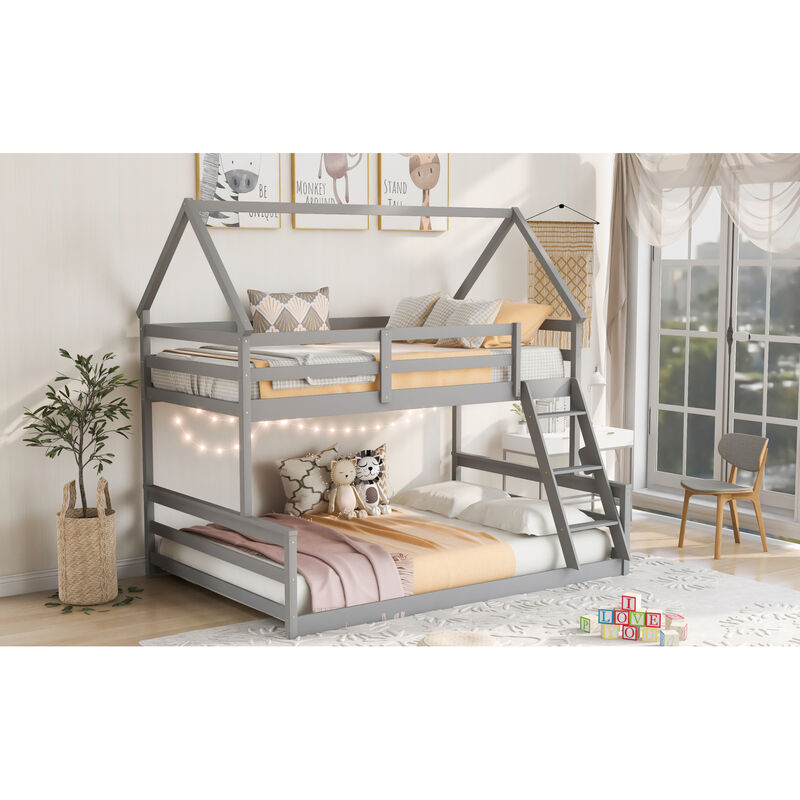 Twin Over Full House Bunk Bed with Built-in Ladder