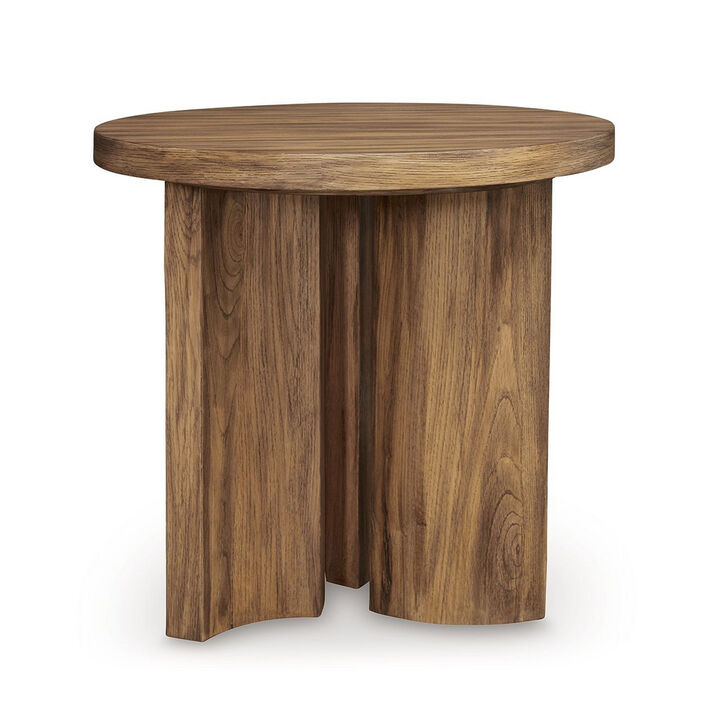 Anny Side End Table, Round Curved Plinth 24 Inch Warm Brown Oak Veneer - Benzara