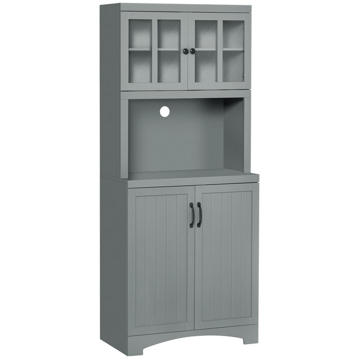 Freestanding Kitchen Storage Cupboard with Framed Glass Doors & Open Countertop