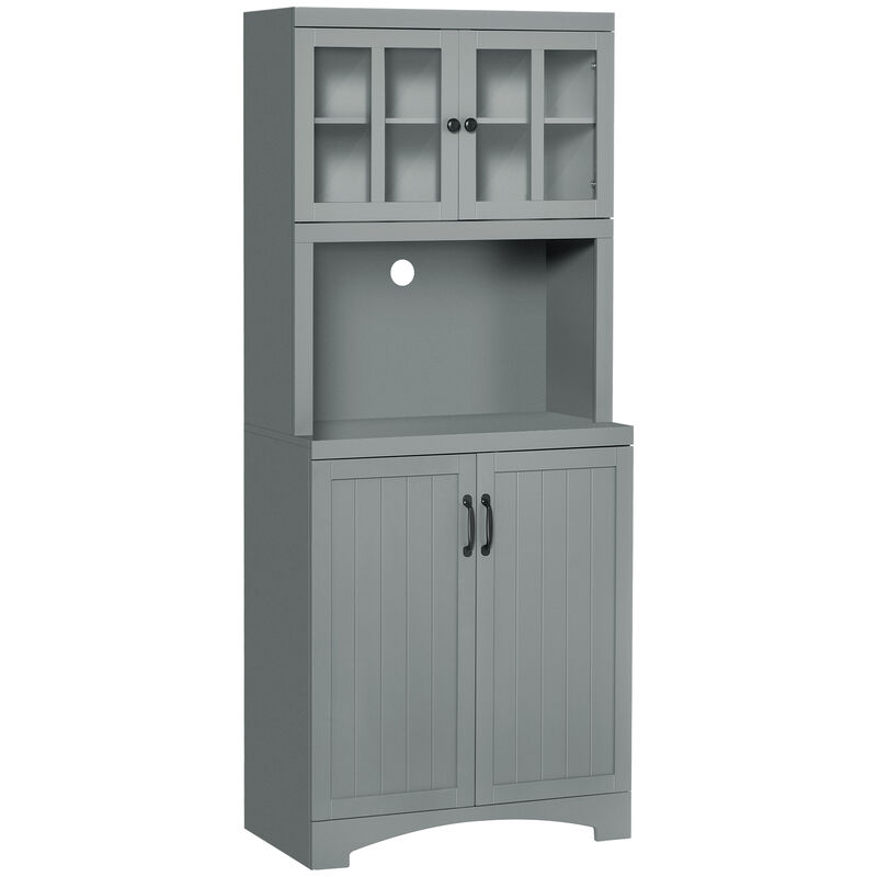 Freestanding Kitchen Storage Cupboard with Framed Glass Doors & Open Countertop
