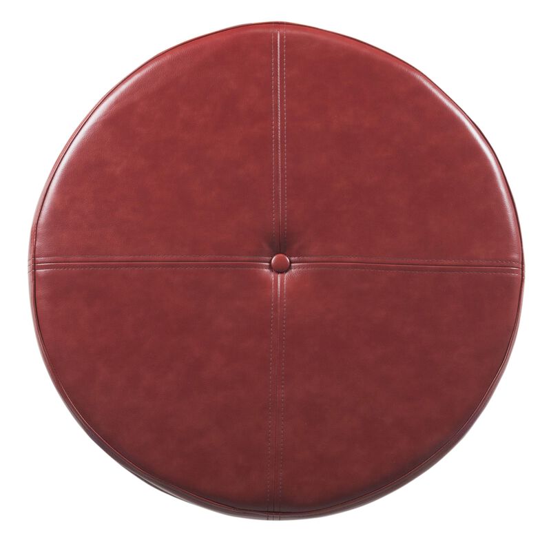 Leatherette Upholstered Wooden Ottoman with Single Button Tufted Lift Top Storage, Red, Large - Benzara