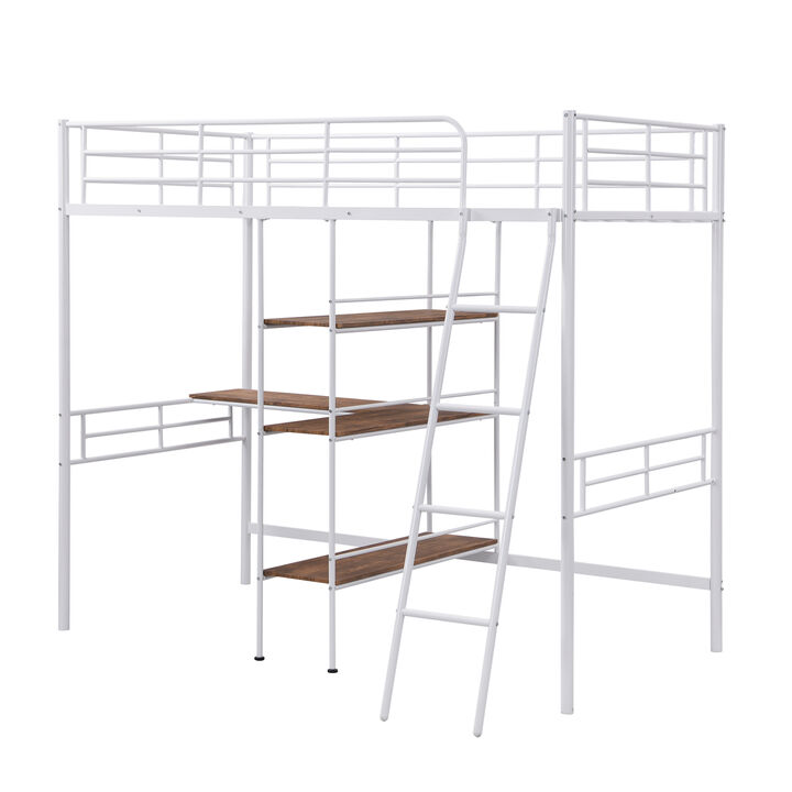 Twin Size Metal Loft Bed and Built-in Desk and Shelves