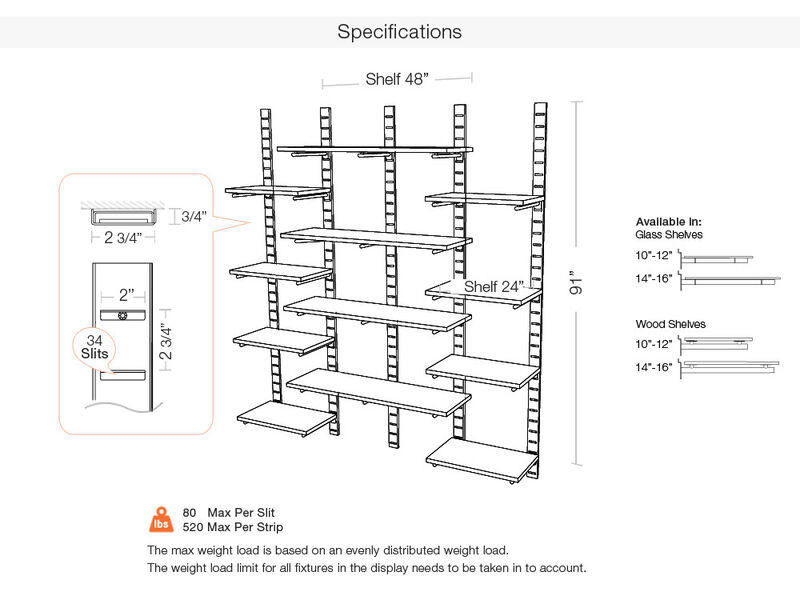 Trendy  Living Room Shelving System 91" High with  12 Mixed Wood Shelves 24" and 48" Length 14"-16" Width | 4 Sections- Shelves Sold Separately