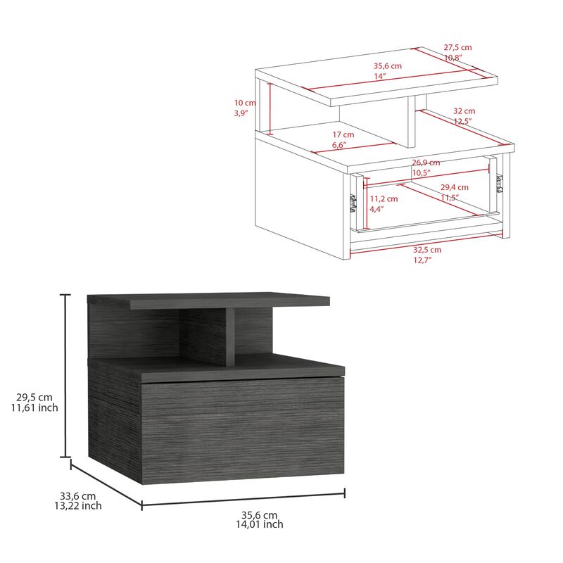 Adele Floating Nightstand with Drawer and Open Storage Shelves- Smokey Oak