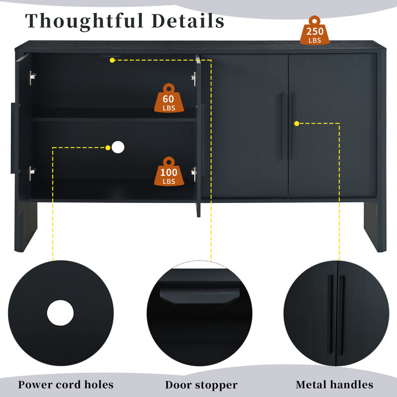 Clihome Sideboard Buffet Cabinet with Storage, Retro Sideboard Cabinet with Adjustable Shelves and Long Handles, 4-Door Wood Sideboard for Kitchen, Dining Room and Living Room (Black)