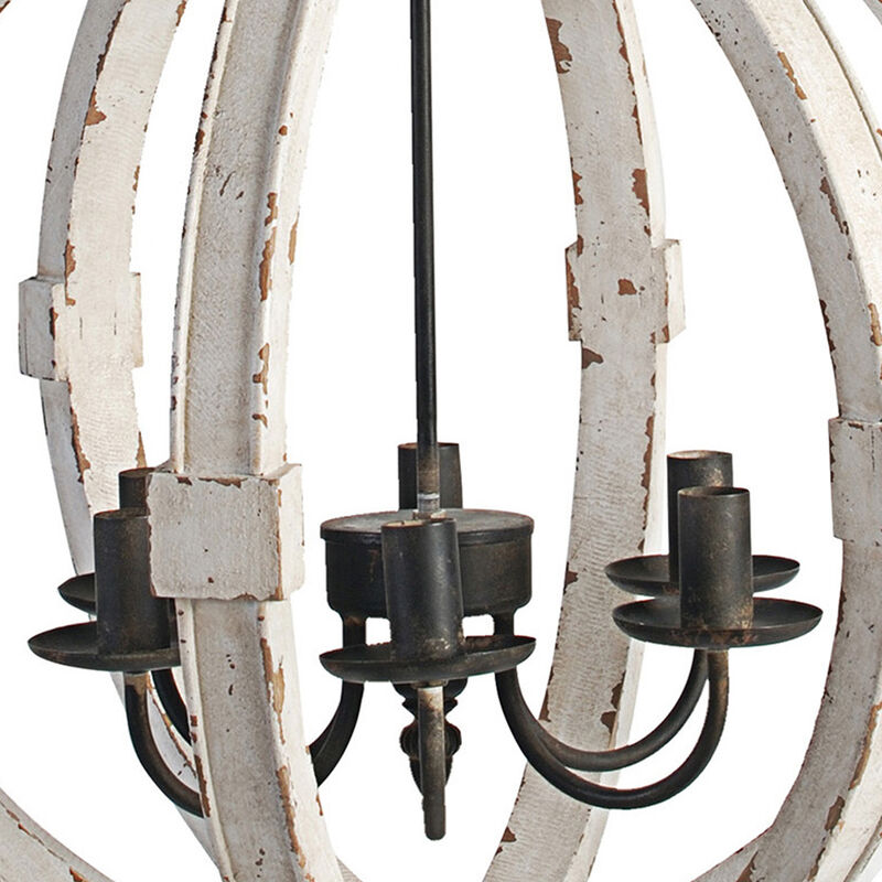 22 Inch 6 Light Wood Chandelier, Candelabra Style,Classic, White Finish-Benzara