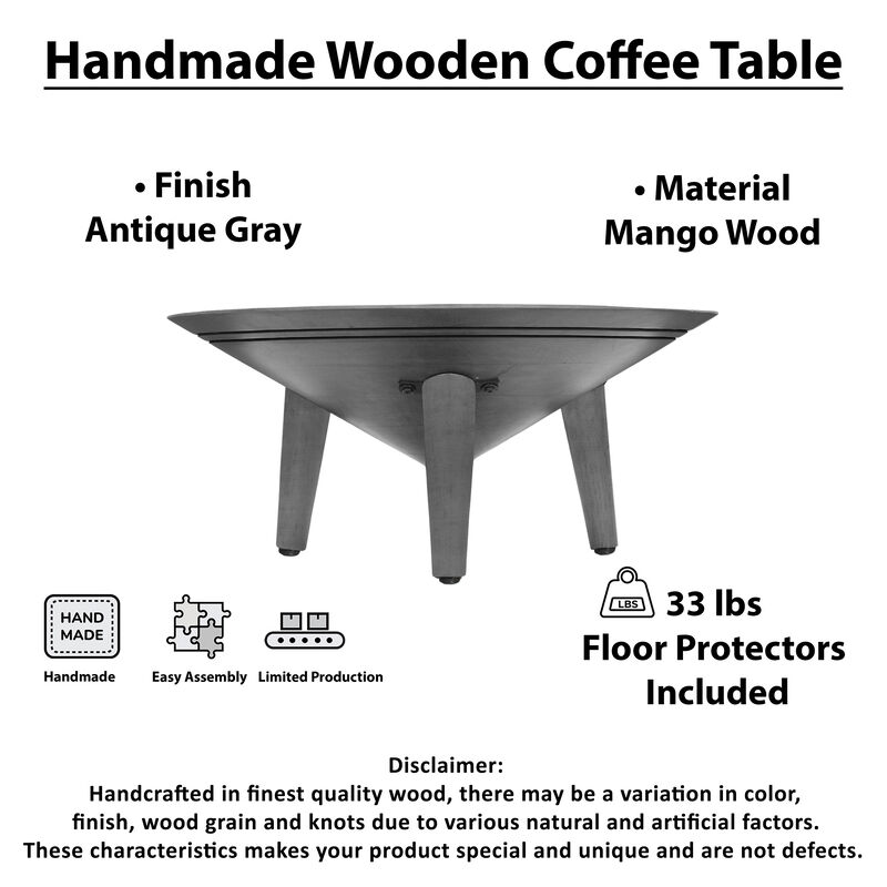 Venus Coffee Table, 28 Inch Bowl Top with 3 Tapered Splayed Legs, Antique Gray Mango Wood