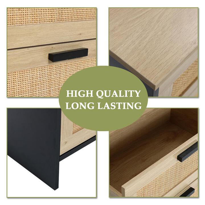 LuxenHome Black and Brown Wood 3-Drawer Rattan Chest
