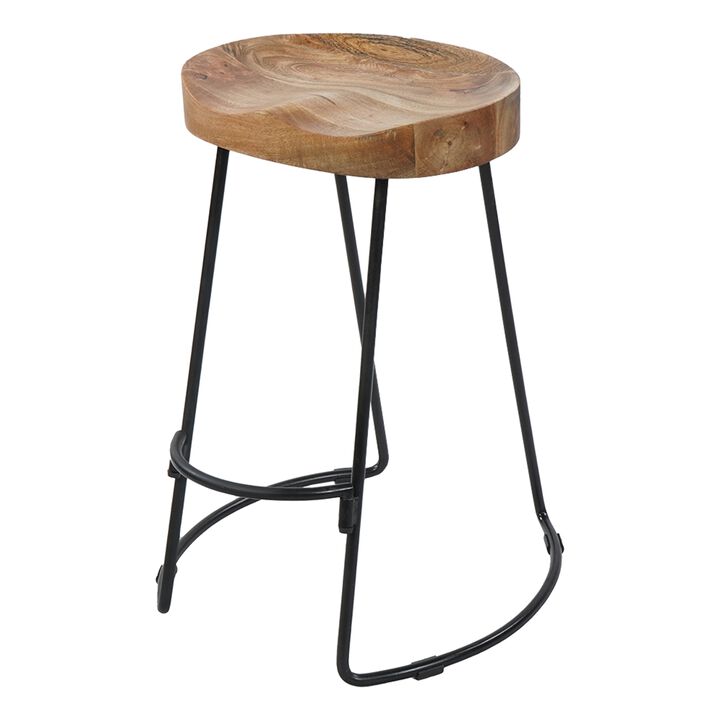 24 Inch Handcrafted Backless Barstool, Natural Brown Mango Wood Thick Saddle Seat, Black Iron Base - Benzara