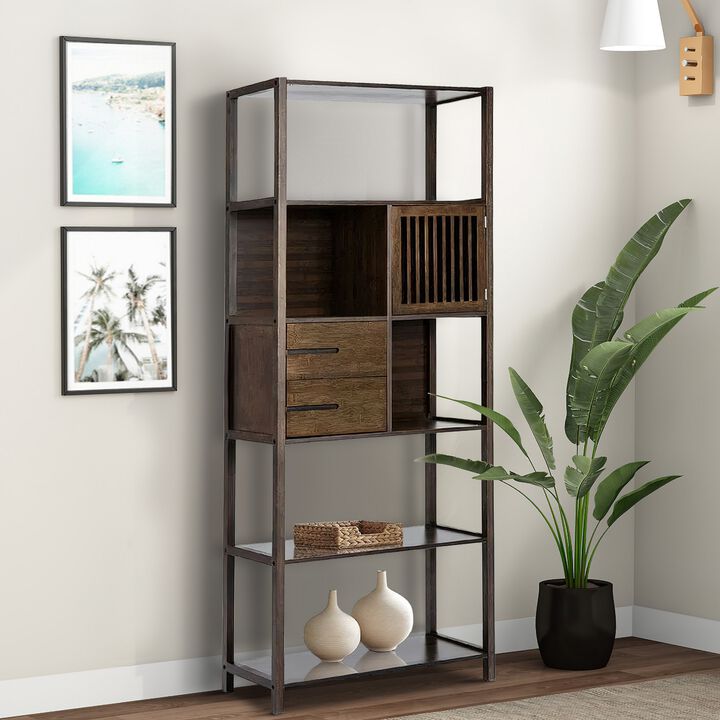 Axa 68 Inch Bamboo Shelf Bookcase with Cabinet, Right Facing, Dark Brown-Benzara