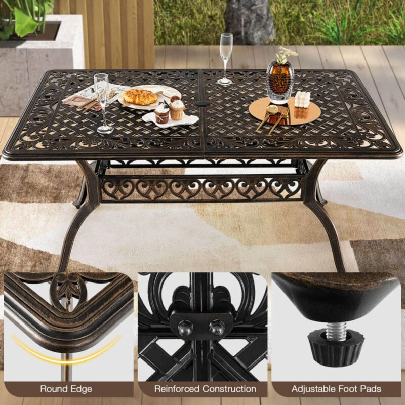 Hivvago 59 Inch Aluminum Patio Dining Table with Umbrella Hole fot 6 Persons-Bronze