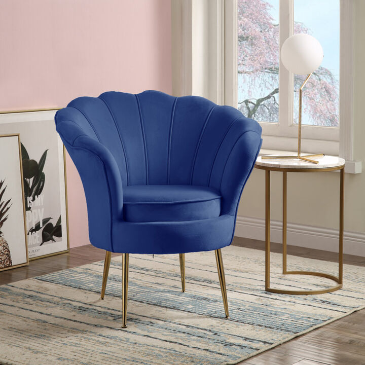 Angelina Blue Velvet Scalloped Back Barrel Accent Chair With Metal Legs