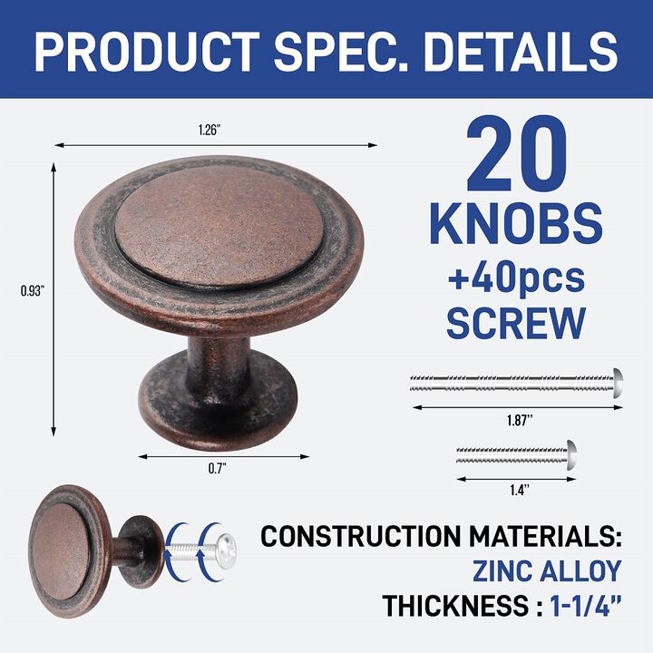 Upgrade Your Cabinets 20pcs 1-1/4 inch Kitchen Cabinet Knobs - Oil Rubbed Bronze Finish, Modern Design, Strong Zinc Alloy Construction, Easy Installation with Short & Adjustable Screws