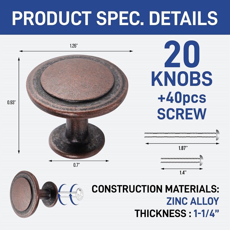 Upgrade Your Cabinets 20pcs 1-1/4 inch Kitchen Cabinet Knobs - Oil Rubbed Bronze Finish, Modern Design, Strong Zinc Alloy Construction, Easy Installation with Short & Adjustable Screws