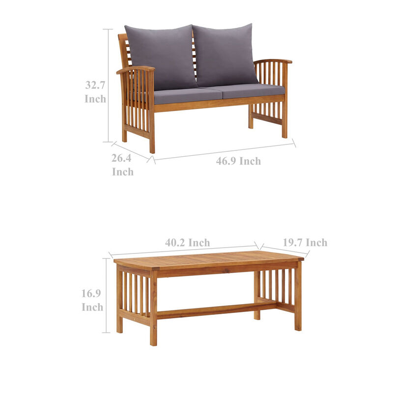 Mia 3pc Outdoor Loveseat Bench and Coffee Table Set, Gray, Acacia Wood - Benzara