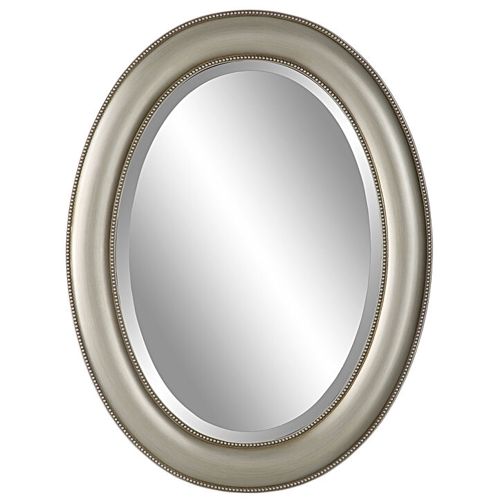 29 Inch Wood Wall Mirror, Beaded Oval Shape, Metallic Silver-Benzara