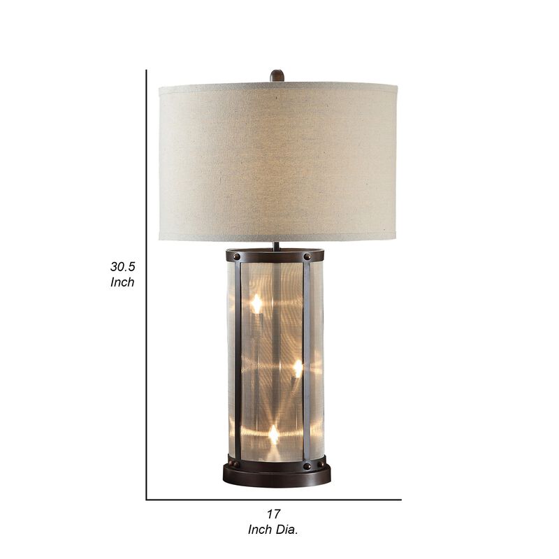 31 Inch Table Lamp, Classic Drum Fabric Shade, Modern Metal Base, Bronze-Benzara