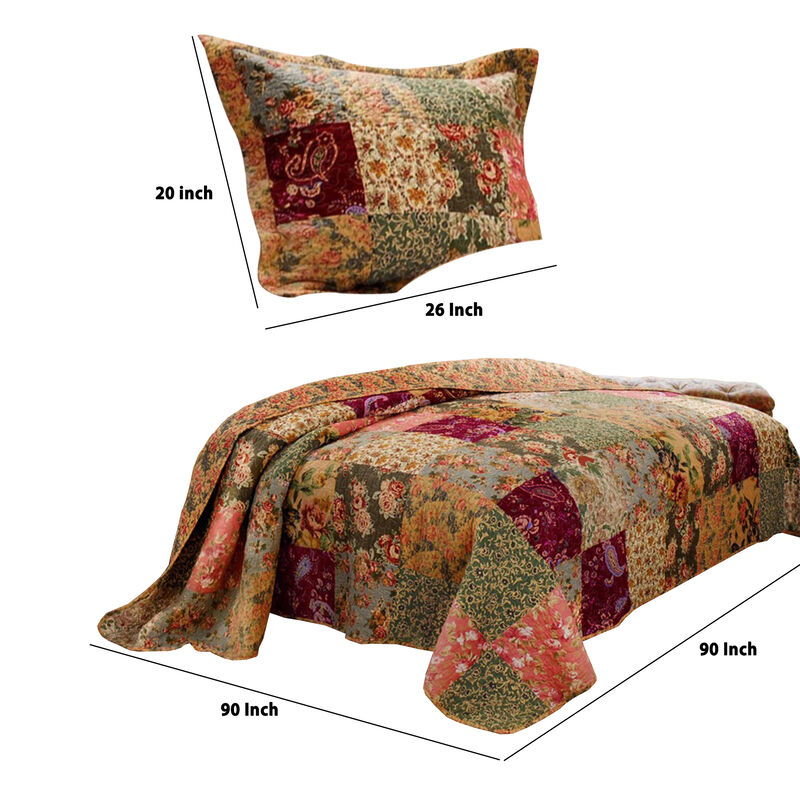 Kamet 3 Piece Fabric Queen Size Quilt Set with Floral Prints, Multicolor - Benzara